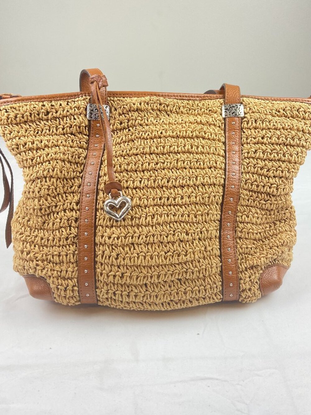 Brighton Dayton Straw Bag With Brown Leather Trim Boho Summer